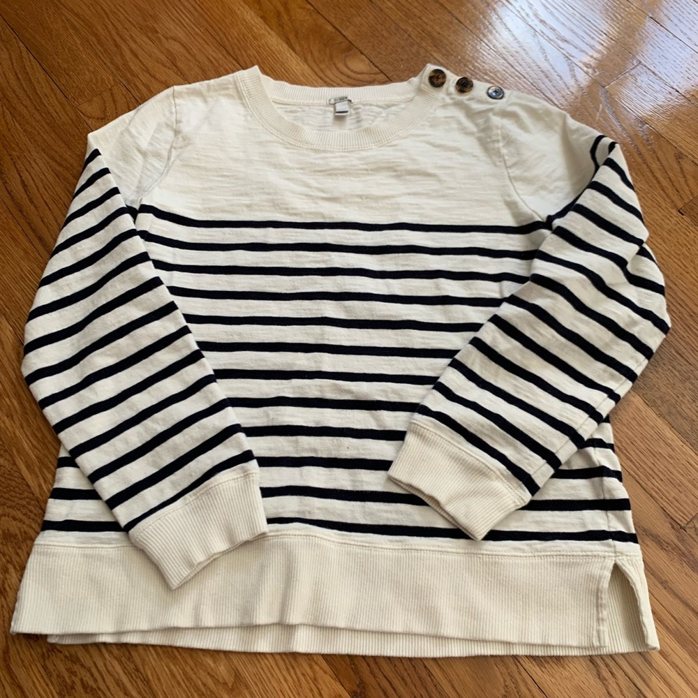 J. Crew Navy and Cream Striped Long Sleeve Shirt with Anchor Buttons Size Med